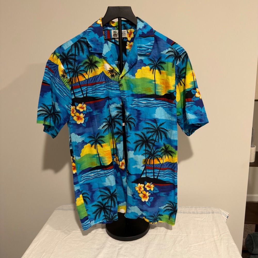 Aloha Republic Mens Blue Tropical Palm Tree Hibiscus Hawaiian Shirt Made in USA